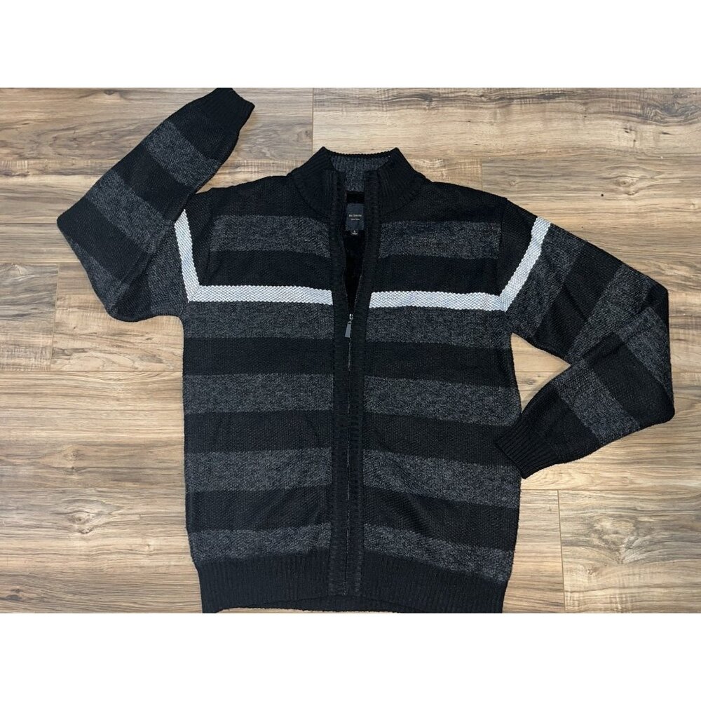 Men's Cardigan Sweater Large Stripes Charcoal Black White Full Zip Sherpa Lined
